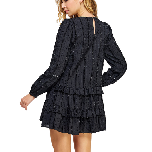 EMBROIDERED LONG SLEEVE TIERED DRESS BLACK