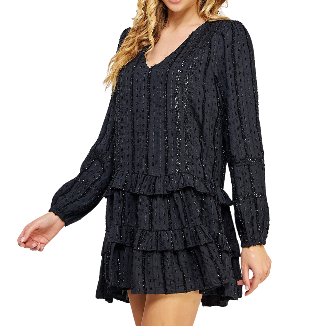 EMBROIDERED LONG SLEEVE TIERED DRESS BLACK