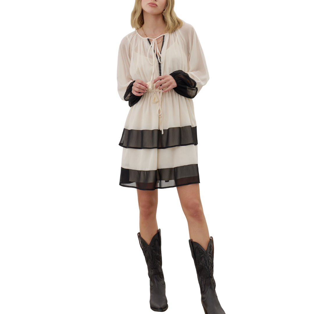 CHIFFON COLOR BLOCK DRESS IVORY/BLACK
