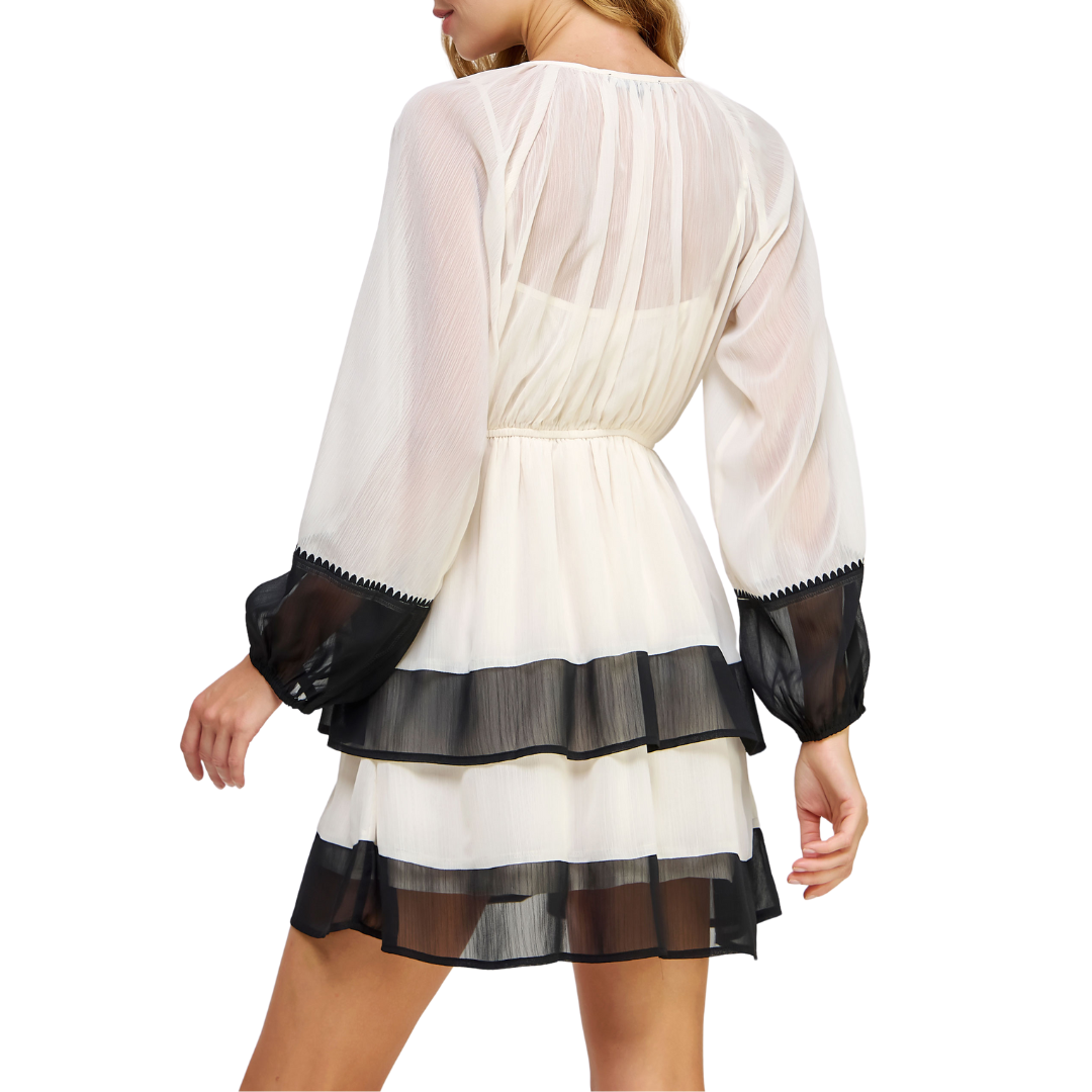 CHIFFON COLOR BLOCK DRESS IVORY/BLACK