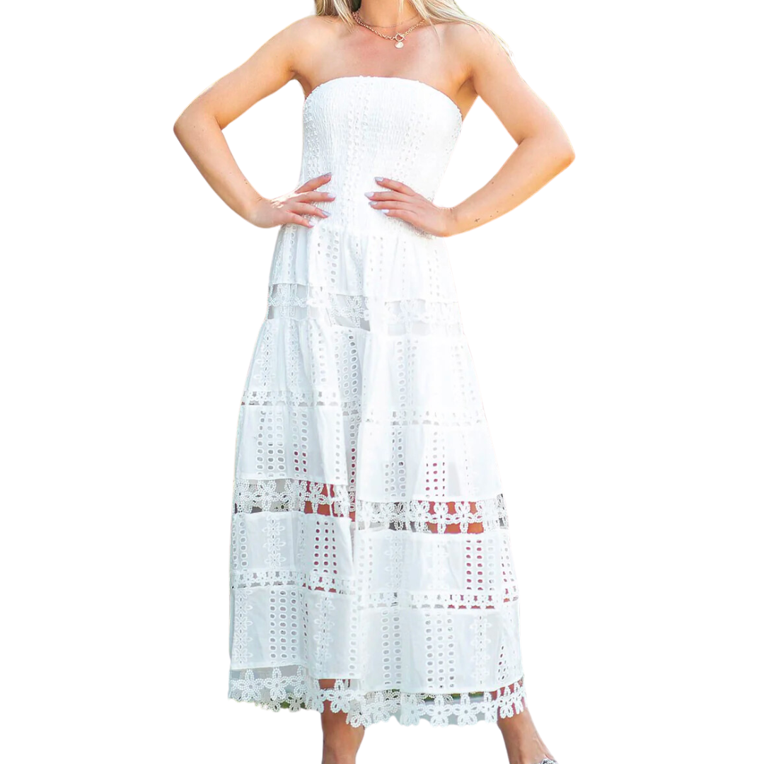 EYELET LACE TUBE DRESS WHITE