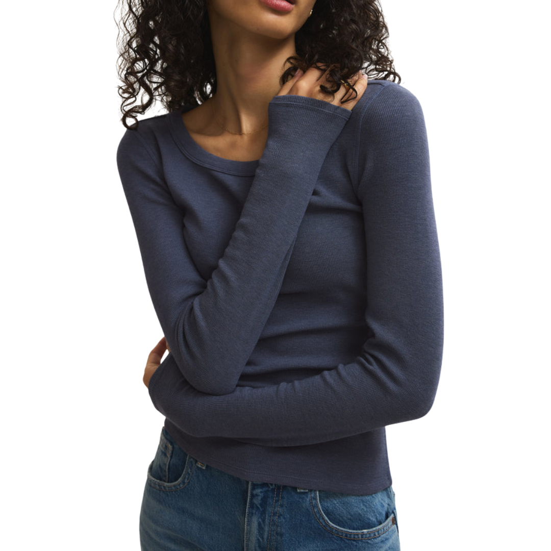 RANAE RIB LONG SLEEVE TOP INDIGO