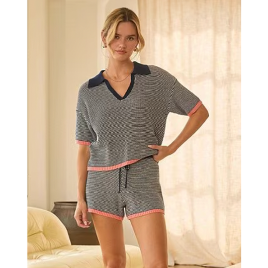 STRIPE POLO SWEATER TOP NAVY