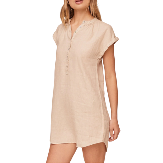 CAP SLEEVE HENLEY DRESS LINEN SAND