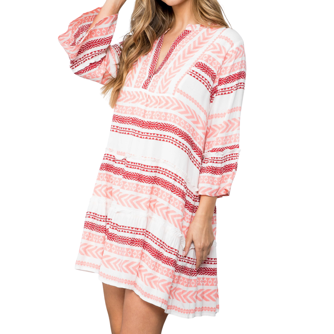 BELL SLEEVE PATTERN DRESS PINK