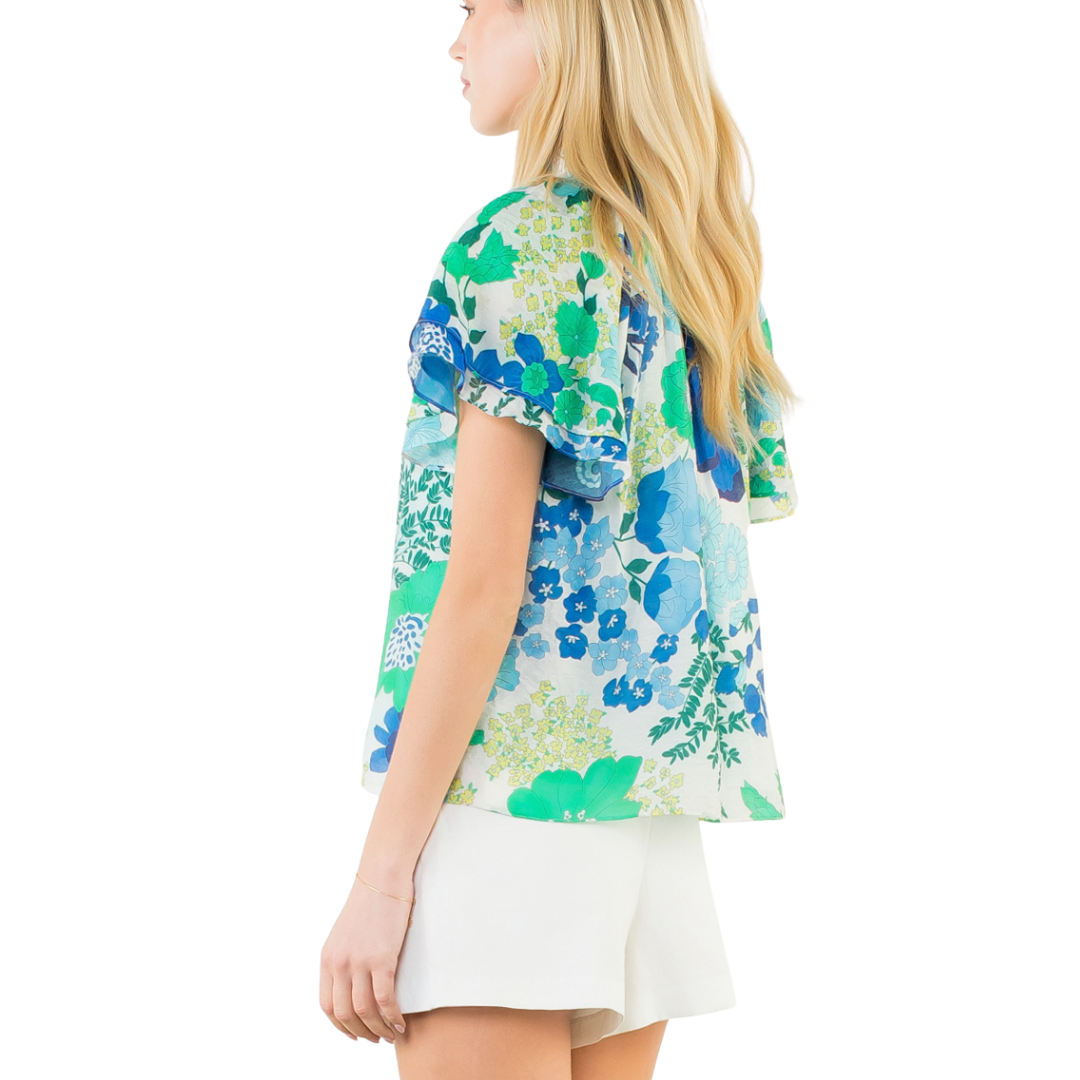 BLUE FLORAL PRINT SHORT SLEEVE TOP WITH TIE
