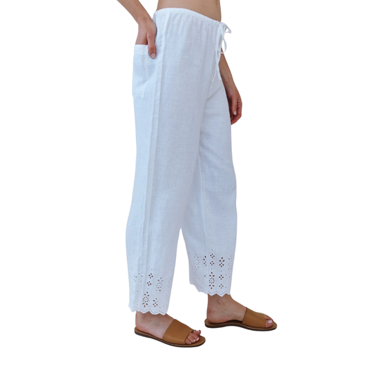 BEACH CROP PANT WITH EMBROIDERED HEM WHITE