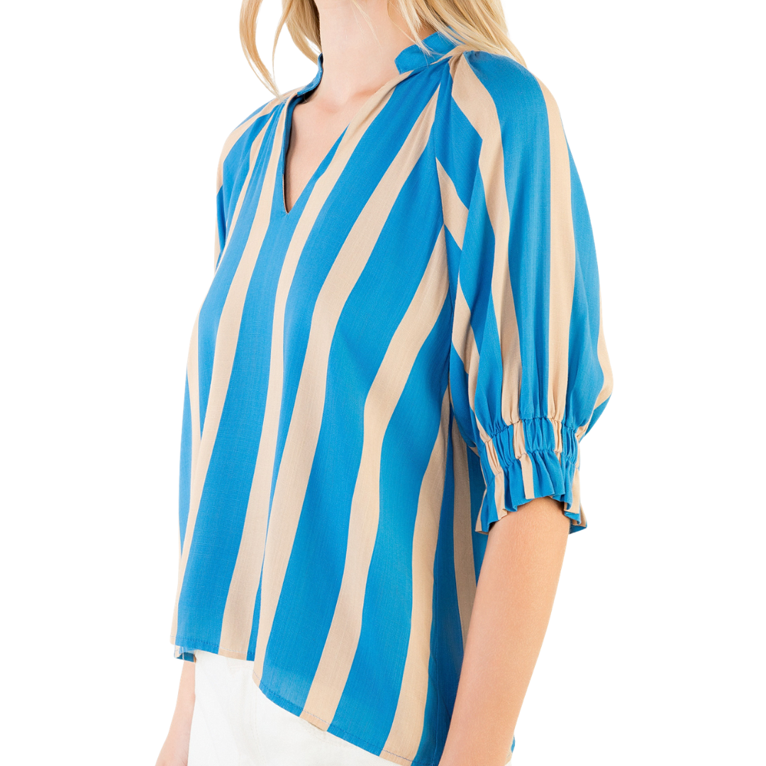STRIPED V-NECK TOP BLUE/CAMEL