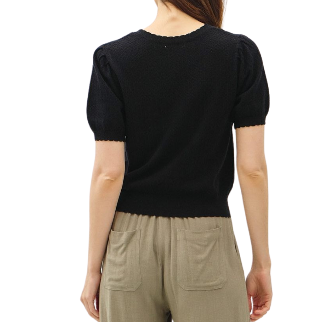 POINTELLE SHORT SLEEVE CARDIGAN BLACK