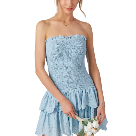 SMOCKED RUFFLE SKATER DRESS BABY BLUE