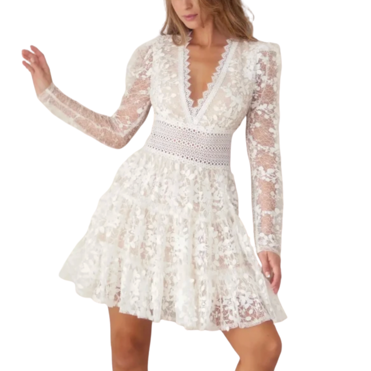 FLORAL LACE DEEP V MINI DRESS WHITE