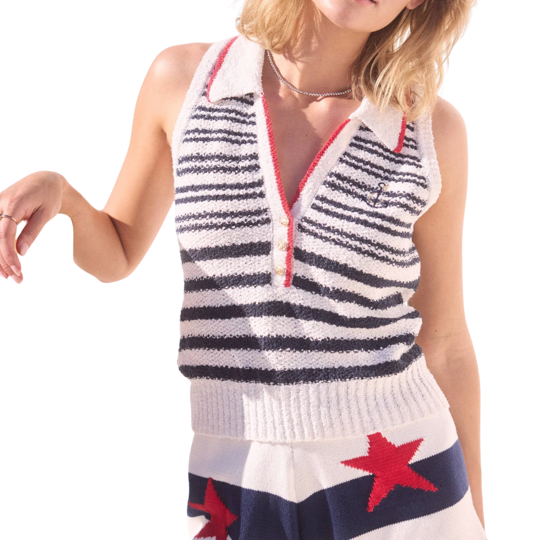 SLEEVELESS STRIPED KNIT TOP WHITE/NAVY