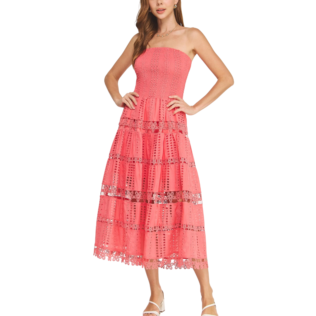 EYELET LACE TUBE DRESS CORAL