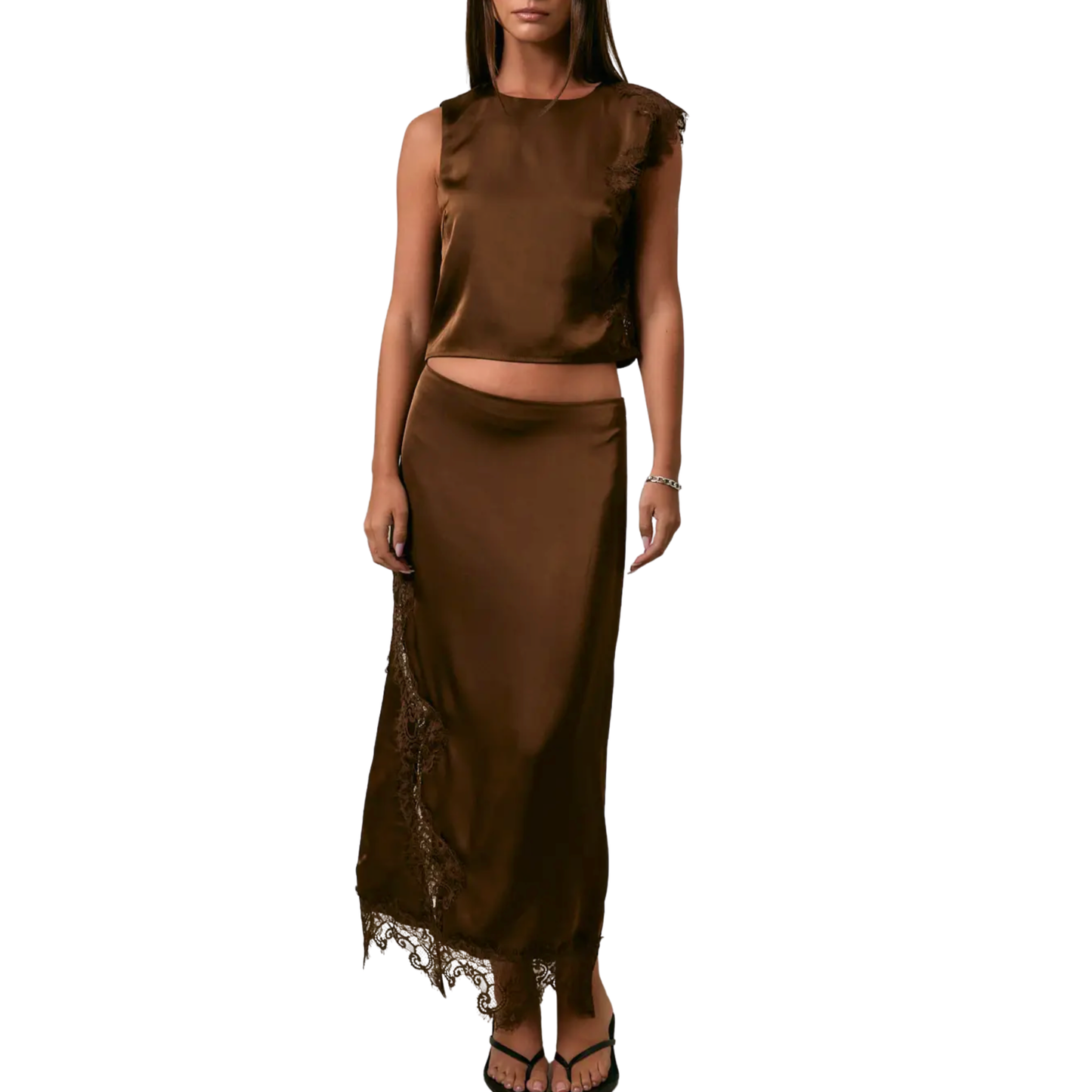 LACE TRIM TOP BROWN