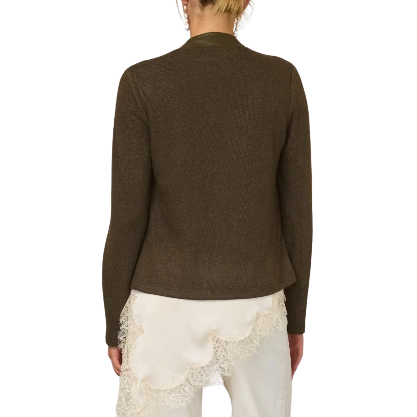 MIXED MEDIA LEATHER DRAPED JACKET OLIVE