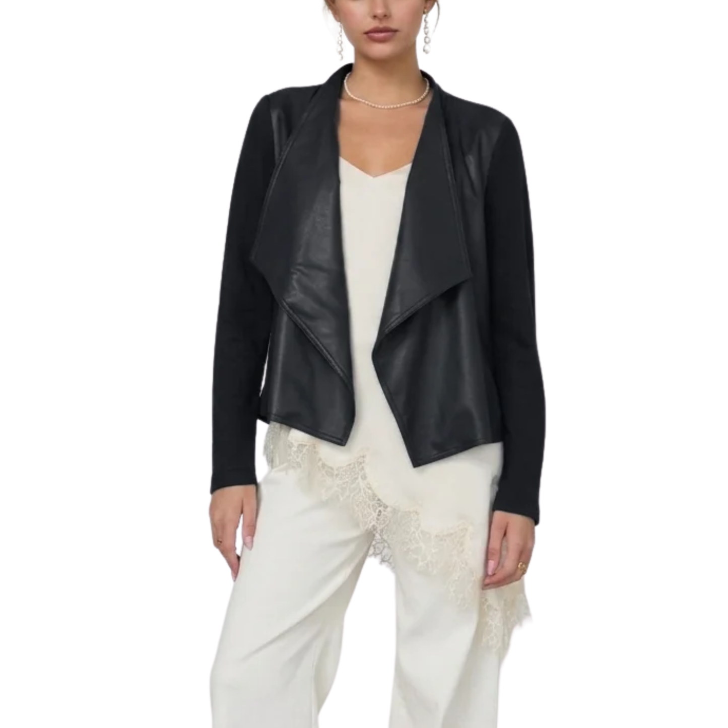 MIXED MEDIA LEATHER DRAPED JACKET NAVY