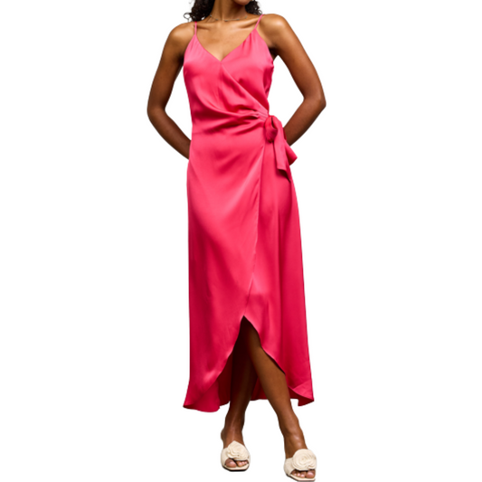 SATIN TIE WRAP MIDI DRESS RASPBERRY