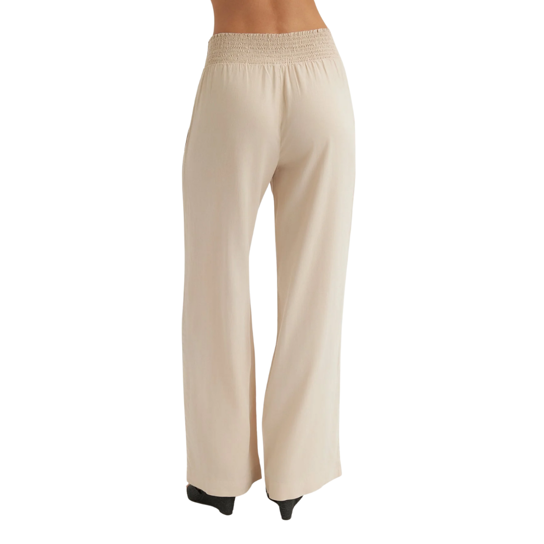 SMOCKED WAIST WIDE LEG PANT LINEN SAND