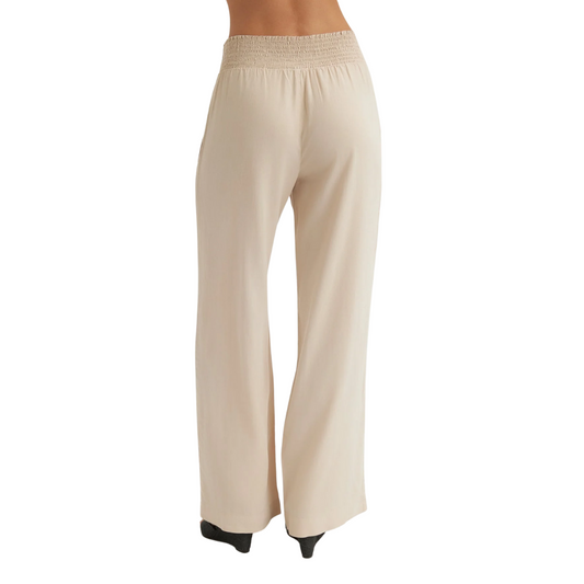 SMOCKED WAIST WIDE LEG PANT LINEN SAND