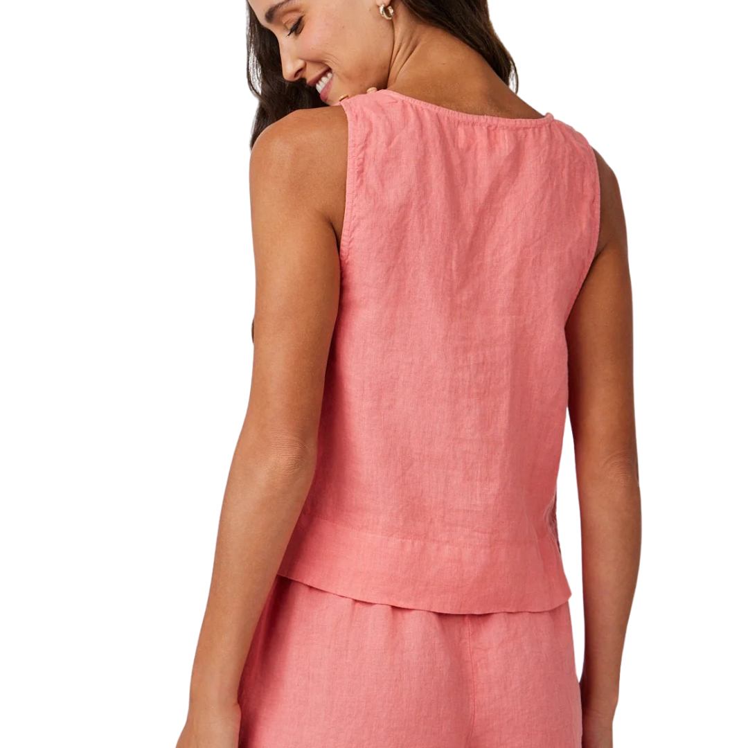 LINEN SCOOP NECK TANK TOP CAMELLIA CORAL