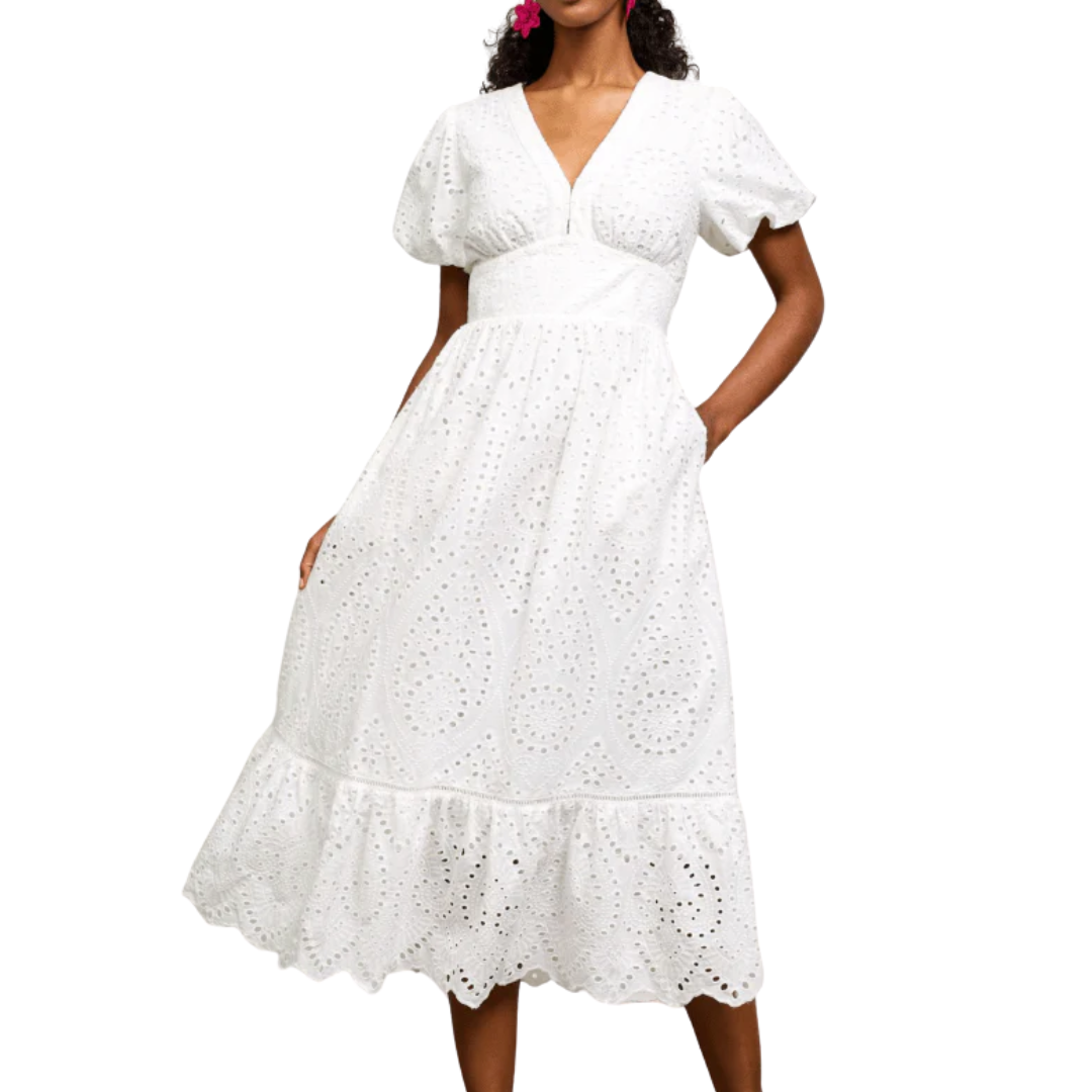 EYELET SMOCKED BACK MIDI DRESS WHITE