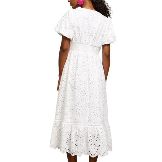 EYELET SMOCKED BACK MIDI DRESS WHITE