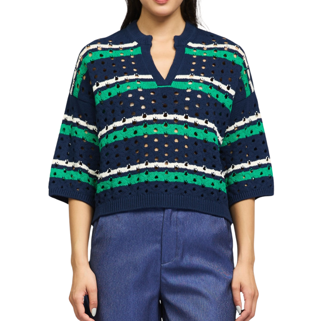 STRIPED CROCHET SWEATER NAVY