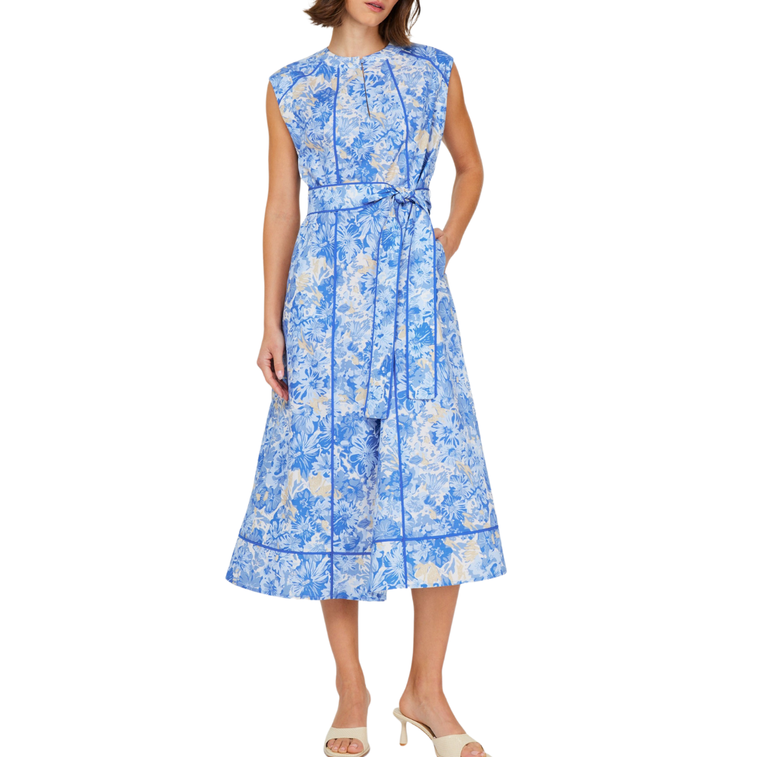 FLORAL PRINTED DRESS W/ BELT BLUE