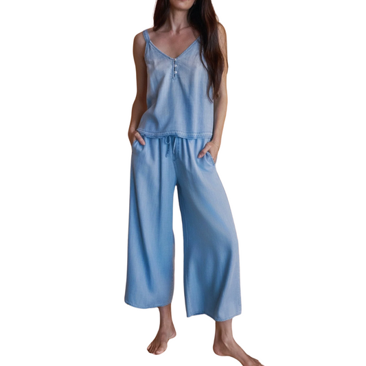 RUFFLE TIE WAIST WIDE LEG LIGHT WASH RIVIERA