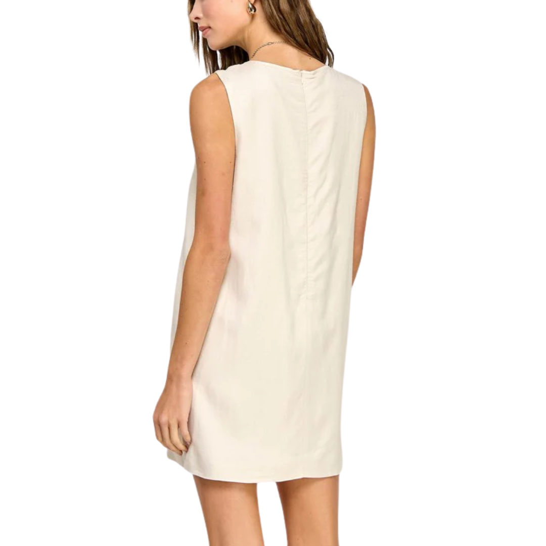 SCALLOP COLOR BLOCK MINI DRESS ECRU