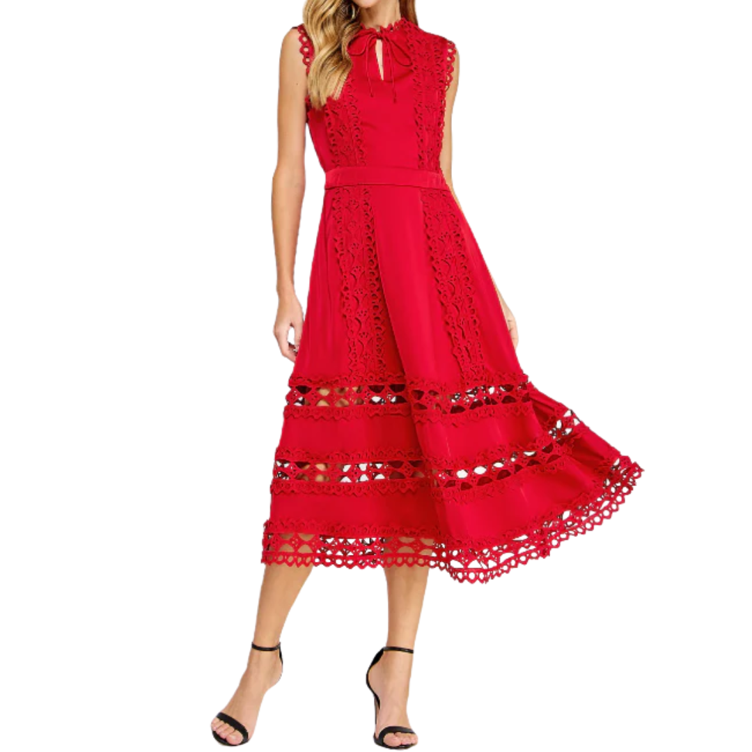 SCALLOP EDGE CROCHET DRESS RED