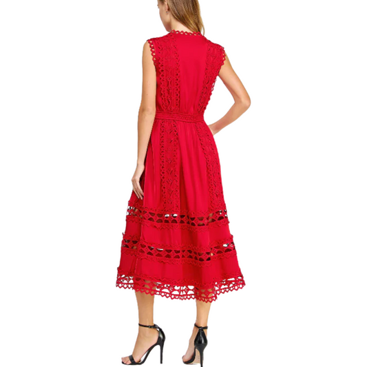 SCALLOP EDGE CROCHET DRESS RED