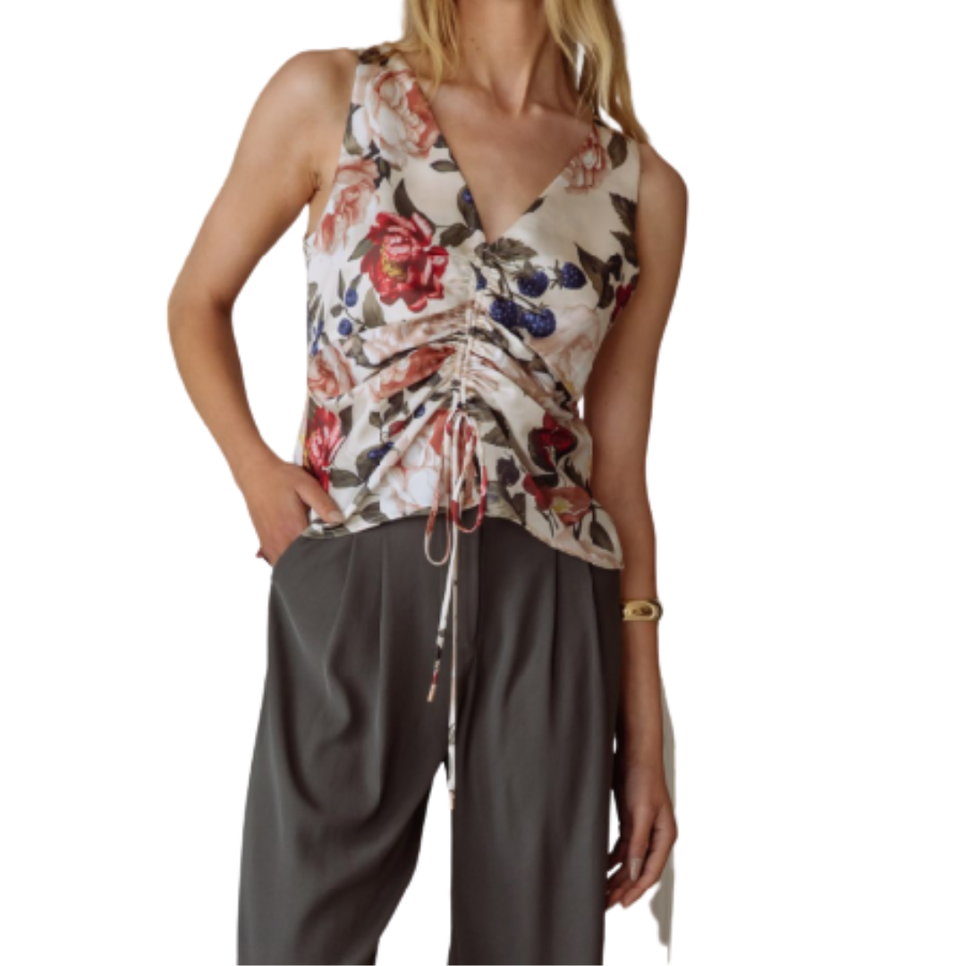 SATIN FLORAL RUCHED TOP IVORY