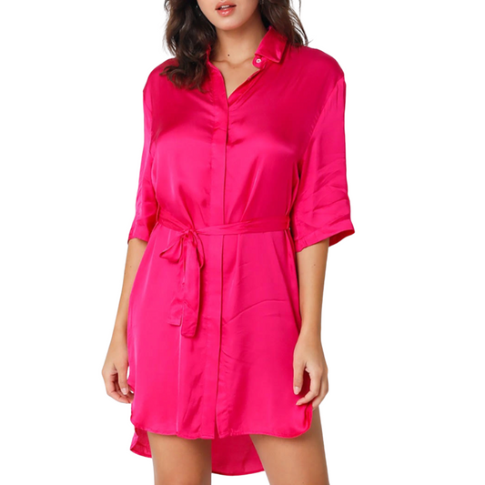 ANDREA SATIN SHIRT DRESS HOT PINK