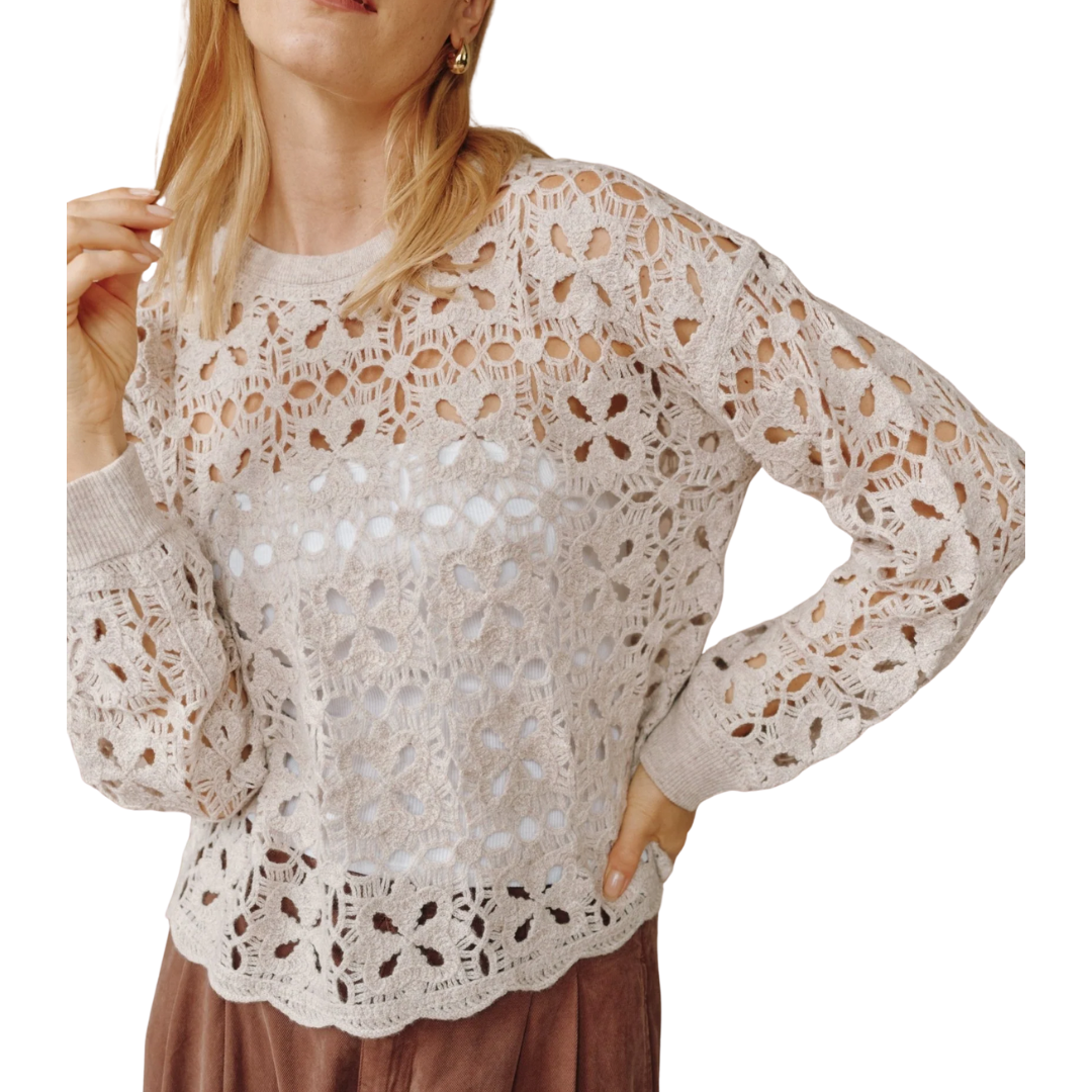 CROCHET CREW NECK SWEATER ALMOND