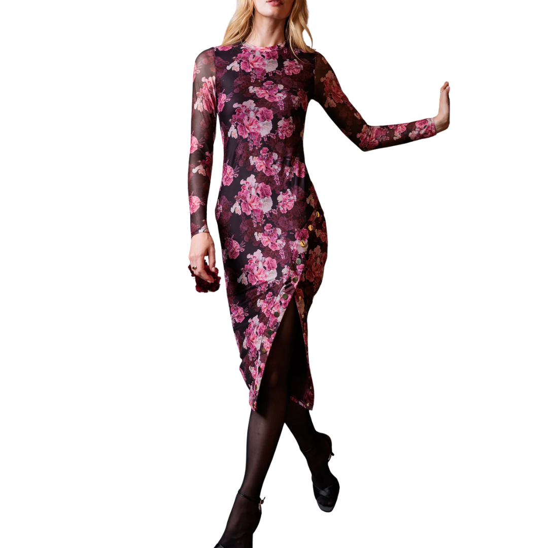MONIQUE FLORAL MESH DRESS BURGUNDY