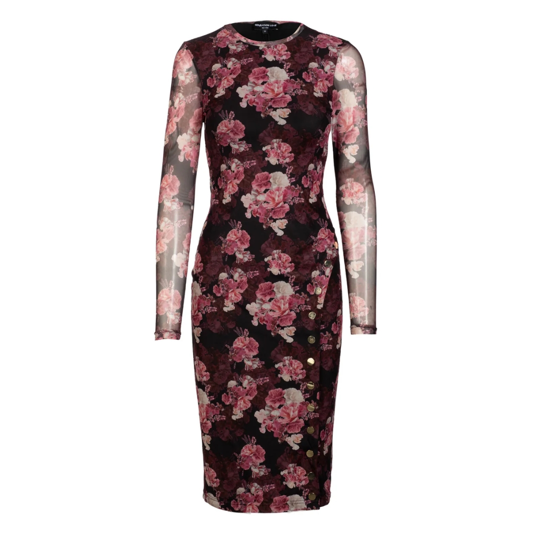 MONIQUE FLORAL MESH DRESS BURGUNDY