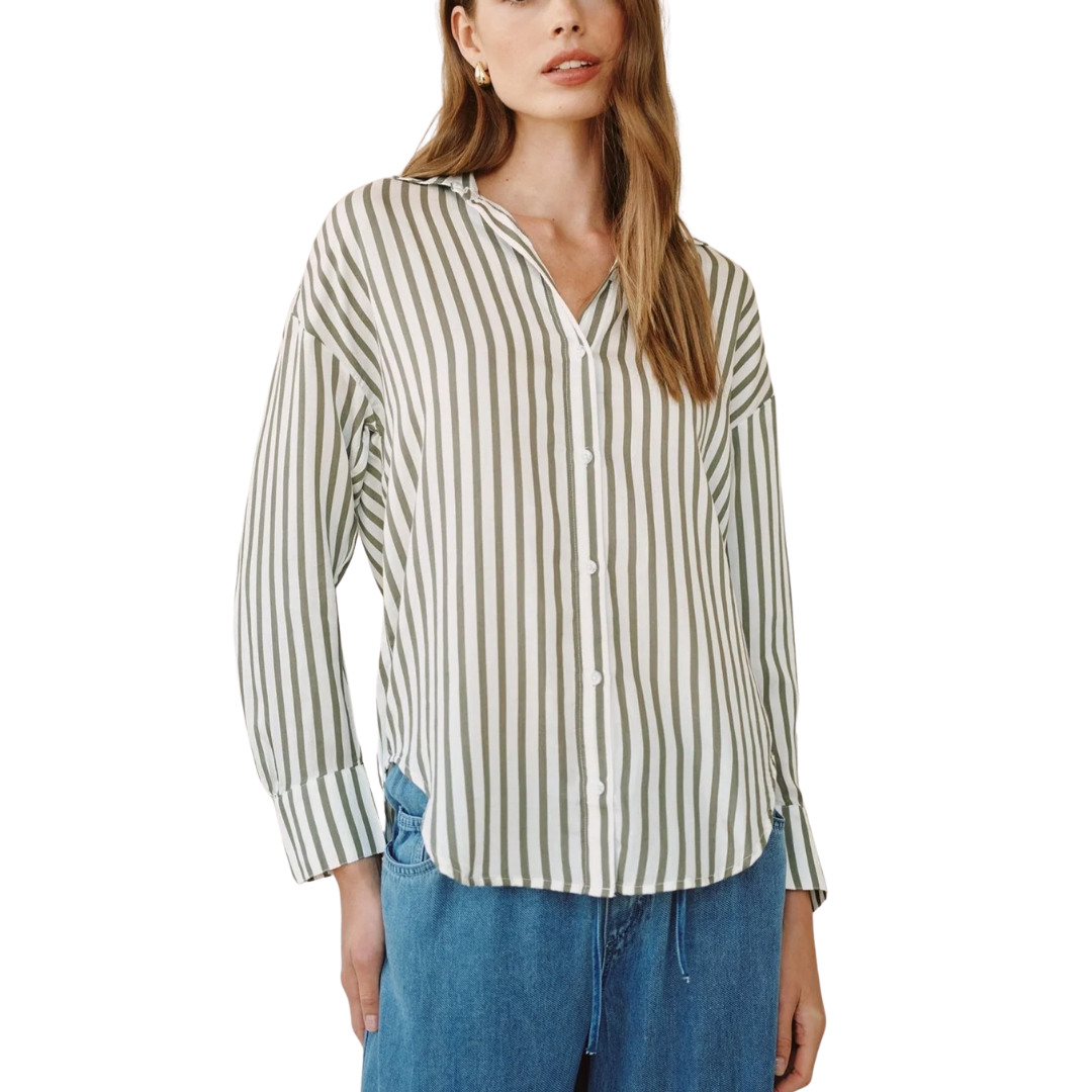 STRIPE OVERSIZED BUTTON DOWN FOREST GREEN