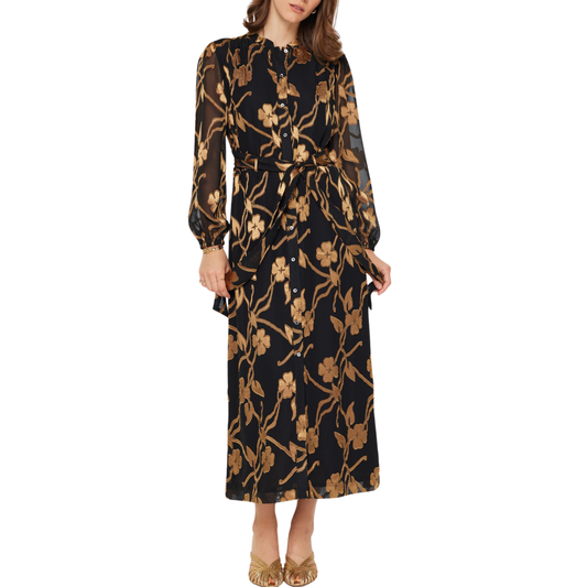 LONG SLEEVE BUTTON DOWN DRESS BLACK/GOLD