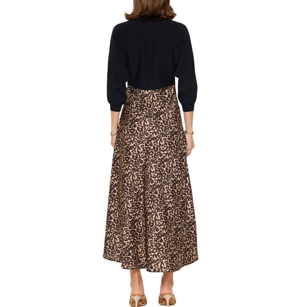 MIXED MEDIA SWEATER DRESS BLACK/LEOPARD