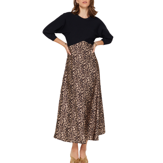 MIXED MEDIA SWEATER DRESS BLACK/LEOPARD