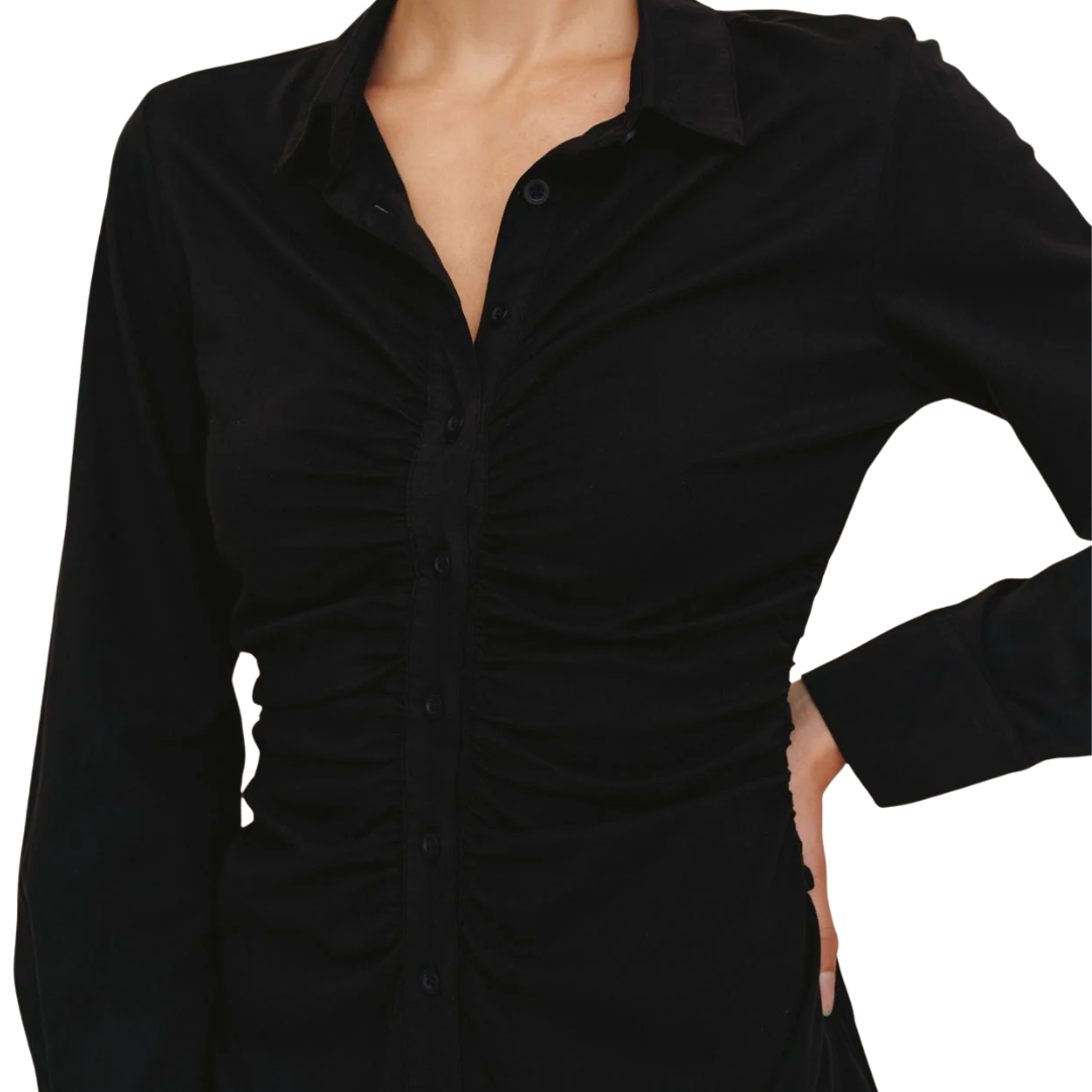 LONG SLEEVE SHIRRED SHIRT DRESS BLACK