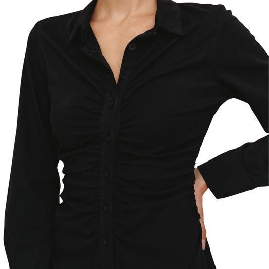LONG SLEEVE SHIRRED SHIRT DRESS BLACK