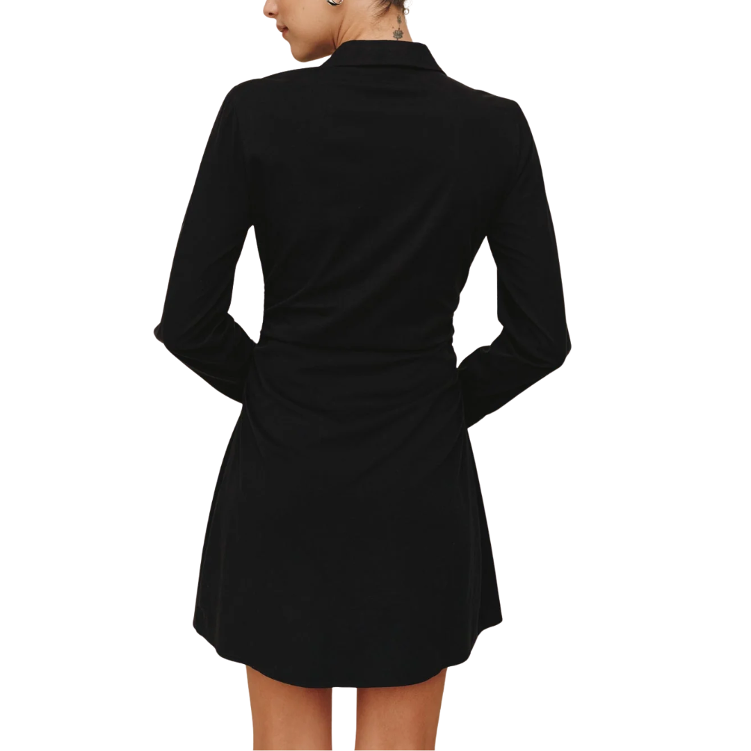 LONG SLEEVE SHIRRED SHIRT DRESS BLACK
