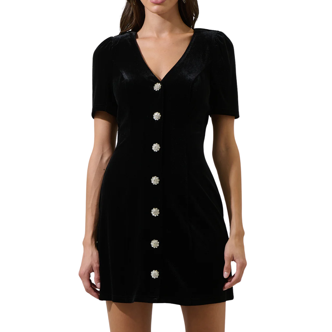 JACKSON VELVET BUTTON MINI DRESS BLACK