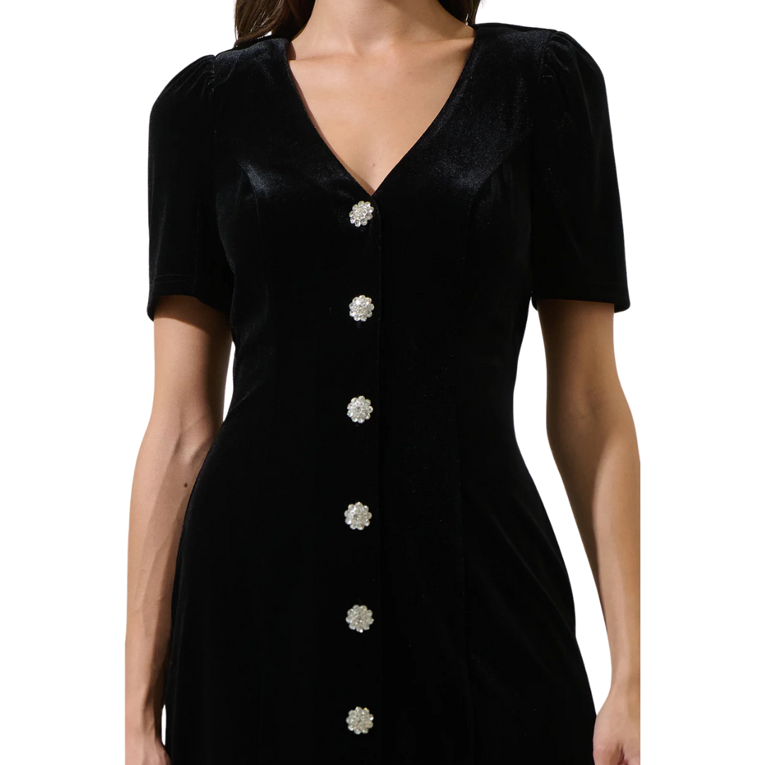 JACKSON VELVET BUTTON MINI DRESS BLACK
