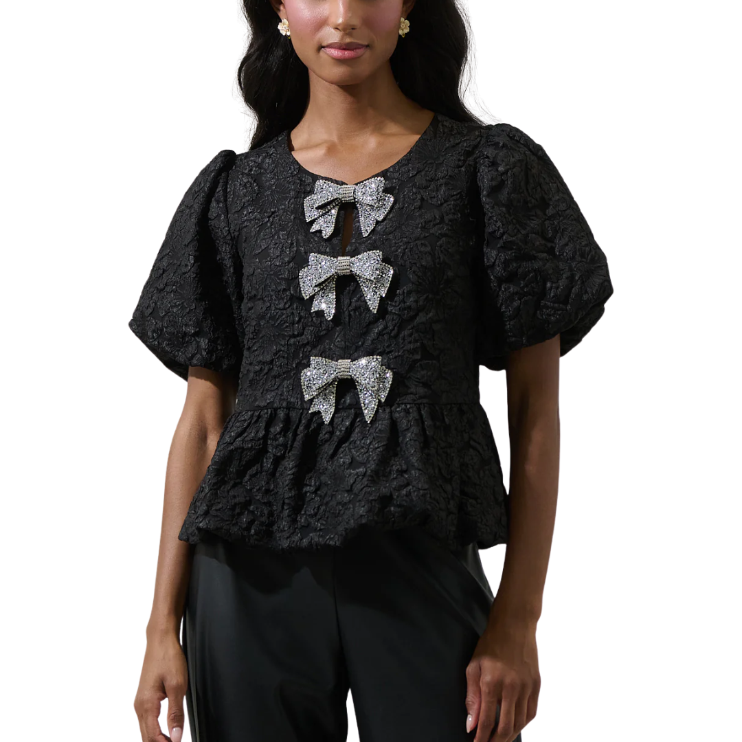 ARIELLE GLOW BOW JACQUARD TOP BLACK
