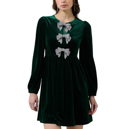 GLOW BOW VELVET DRESS EMERALD