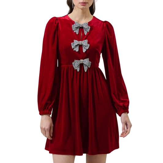 GLOW BOW VELVET DRESS RED