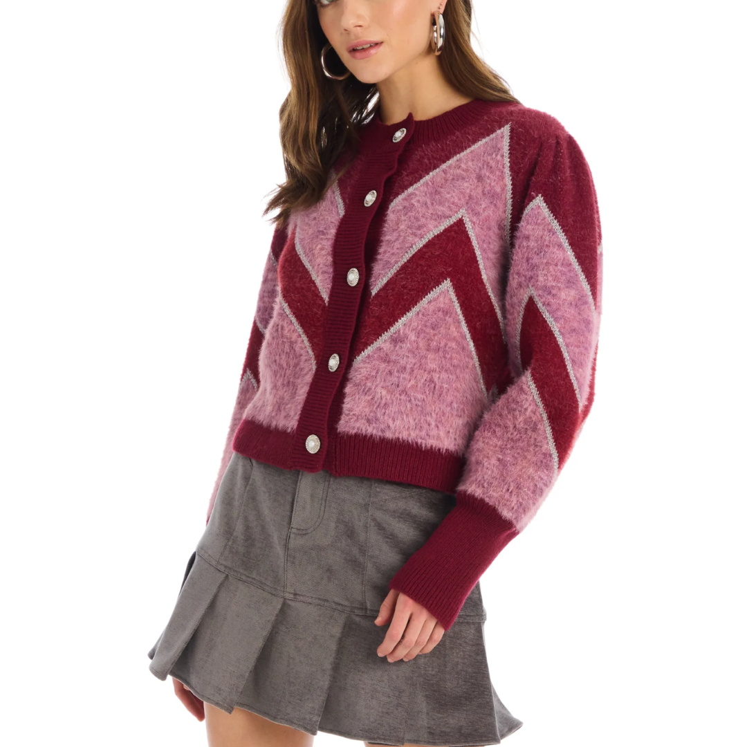 FUZZY CHEVRON CARDIGAN DEEP RED